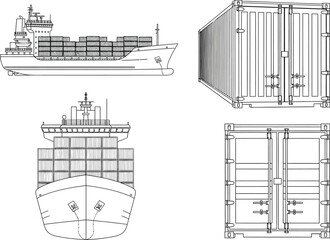 Blueprint drawings of a cargo ship and shipping containers