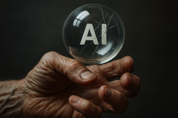 Aged hand holding a glass sphere with the letters AI inside suggesting future tech caution and balance in artificial intelligence