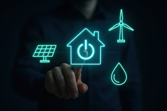 Innovative energy concept featuring home solar panel wind turbine and water drop aesthetics in neon glow showcasing sustainable power smart home and renewable technology - Powered by Adobe