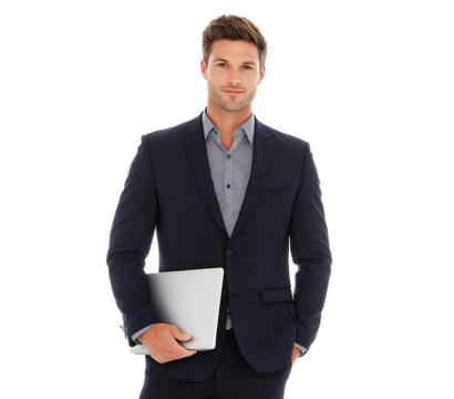 Confident Young Professional Holding Laptop, Ready for Business isolated on transparent background