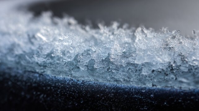 Frosted rim Delicate ice crystals fringe a dark curved edge, shimmering in soft, diffused light