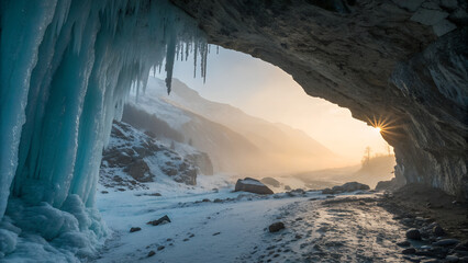 Minimalist alpine glacial cave entrance framed by ice-blue stalactites and soft golden sunbeam in dawn mist
