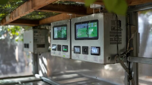 Medium shot of a remote bee health monitoring station with digital displays showing temperature and humidity levels around a beehive.