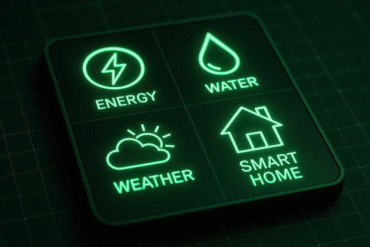 Energetic water weather smart home panel with glowing green icons representing energy water weather and smart home control
