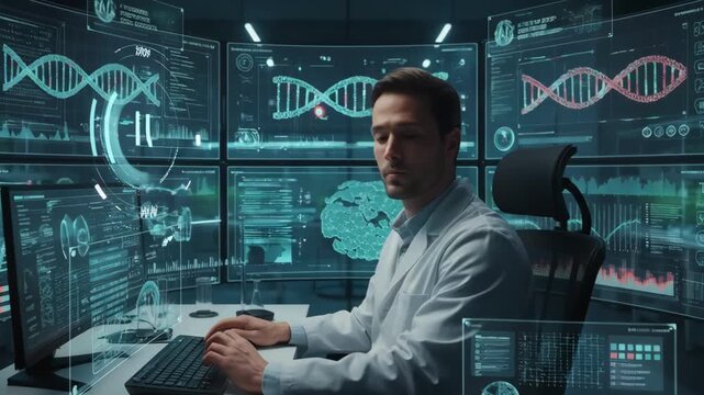 Technician examining DNA sequences on multiple screens utilizing AI tools to accelerate precision breeding for sustainable agricultural development.