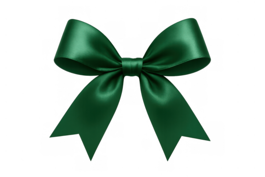 Green satin ribbon bow on transparent background, adding elegance to gifts and celebratory design
