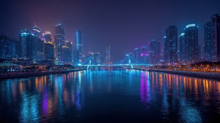 Night cityscape reflecting in a river.  A vibrant panorama of illuminated skyscrapers and a bridge, with the city lights reflected in the still water