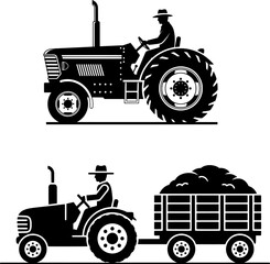 Farming Tractor Silhouettes Set, Farmer Driving Agricultural Vehicle, Modern and Vintage Transport Icons