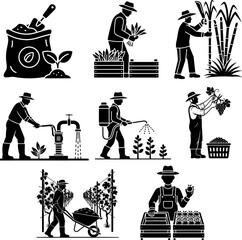 Farming and Agriculture Icons Set, Farmer Working, Harvesting, Spraying, Planting, Black Glyph Silhouettes