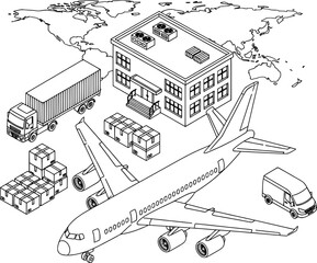 Global Logistics and Distribution Isometric Illustration, Shipping Network with Warehouse, Cargo Plane, and Delivery Trucks