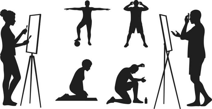 Silhouette people painting on easel, soccer balance pose, meditation, prayer, stress, contemplation, creativity, human emotions, artistic expression, mindfulness, lifestyle, wellness, activity
