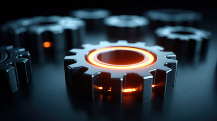Glowing orange illuminated metal gear with futuristic design surrounded by dark shiny mechanical gears on black reflective surface closeup technology concept