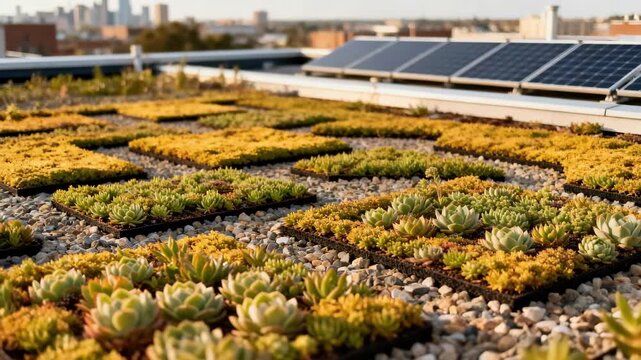 Medium shot capturing detailed placement of sedum mats on a rooftop highlighting lowmaintenance droughtresistant greenery for sustainable architecture.