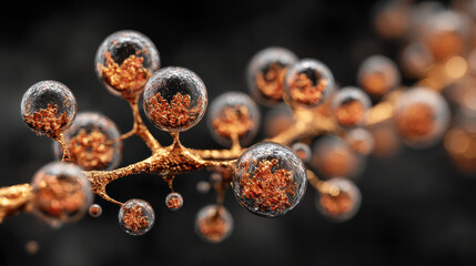 Transparent spheres connected by golden metallic branches with intricate copper-colored filaments inside glowing in a dark blurred background, close-up abstract fractal design