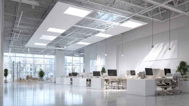 Modern, bright open-plan office space with white walls, exposed ceiling structure, and large windows