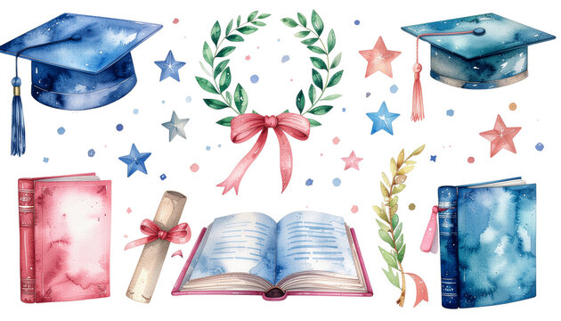 Graduation Watercolor Clipart, watercolor clipart elements featuring graduation caps, book, wreath