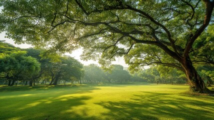 Sunlit meadow framed by ancient trees casting long shadows on a verdant lawn with forest in the background