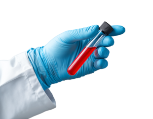 Scientist in blue glove holding blood sample vial isolated on transparent background
