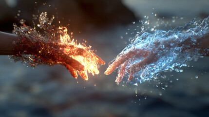 Hands of fire and water meet midair symbolizing balance duality and the union of opposing forces representing harmony energy and the interplay of contrasting elements