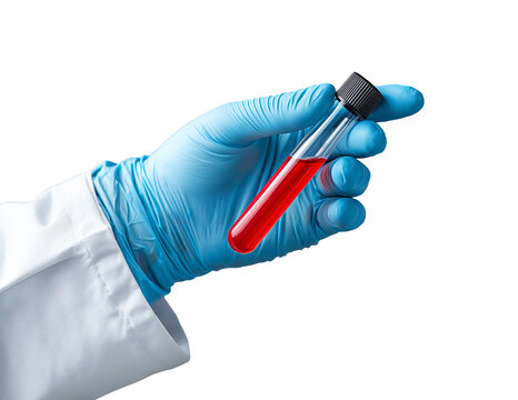 Scientist in blue glove holding blood sample vial isolated on transparent background - Powered by Adobe