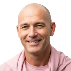 Bald man smiling wearing pink top isolated on transparent background