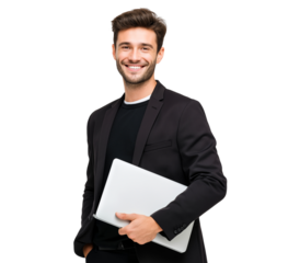 Confident Young Businessman Smiling and Holding Laptop isolated on transparent background