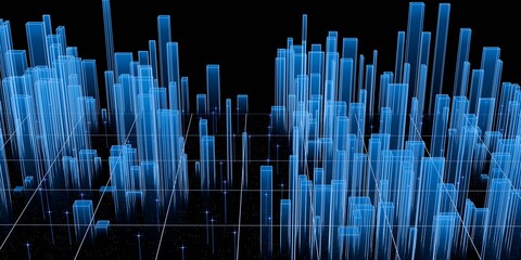 A luminous perspective view of a futuristic digital cityscape featuring transparent blue wireframe buildings on a data grid against a stark black background. © PW.Stocker