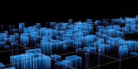 A luminous perspective view of a futuristic digital cityscape featuring transparent blue wireframe buildings on a data grid against a stark black background. © PW.Stocker