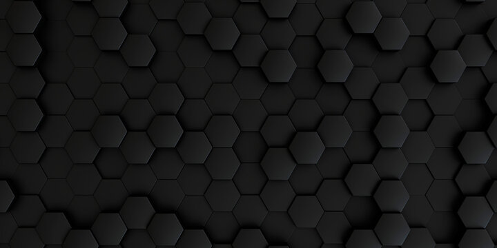 An immersive and sleek abstract dark background presenting a uniform, matte black honeycomb pattern with subtle three-dimensional depth and volumetric lighting.