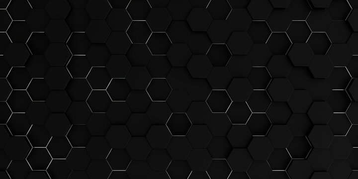 A high-contrast, dark abstract background showcasing a deep three-dimensional hexagonal grid of matte black tiles outlined by subtle, sharp silver light.