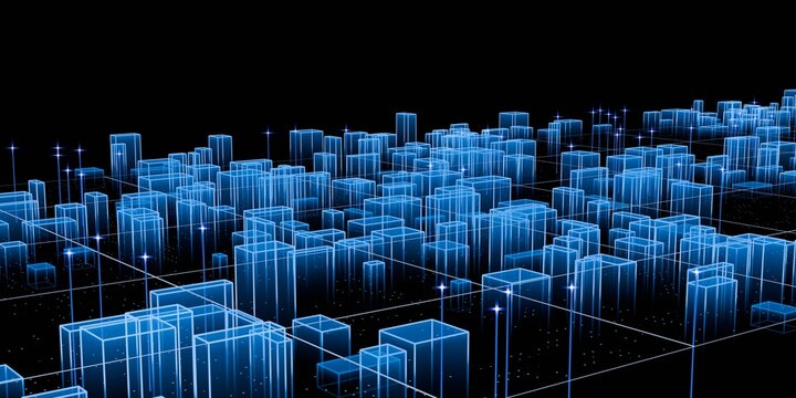 A luminous perspective view of a futuristic digital cityscape featuring transparent blue wireframe buildings on a data grid against a stark black background.