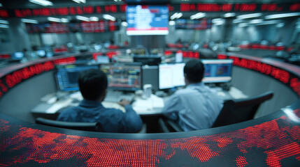Stock market trading floor with two traders focused on multiple computer screens displaying financial data and red ticker symbols in a modern office environment