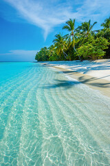 Tropical island beach landscape exotic shore coast. Tranquil closeup calm sea water waves with palm trees. Beautiful Panorama. Summer vacation, holiday amazing nature. Relax paradise, Maldives.