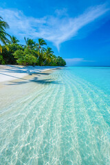 Tranquil closeup calm sea water waves with palm trees. Beautiful Panorama. Tropical island beach landscape exotic shore coast. Summer vacation, holiday amazing nature. Relax paradise, Maldives.