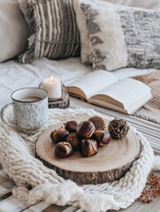 Close-up roasted chestnuts on wooden plate in cozy rustic living room with soft bokeh lighting, warm autumn food concept, premium seasonal snack arrangement, natural and inviting atmosphere.