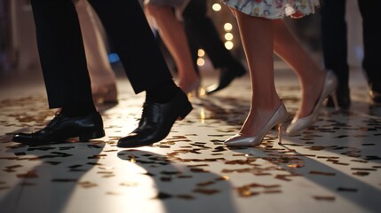 Elegant feet of diverse individuals dancing on a festive floor covered with golden confetti, creating a lively atmosphere of celebration and joy during a special event