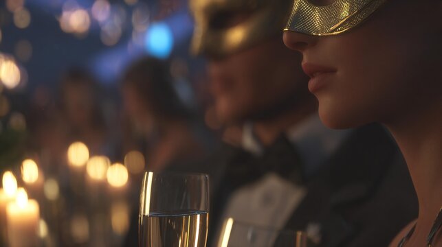 Elegant masked individuals at a festive celebration, holding champagne glasses, surrounded by soft candlelight and a vibrant atmosphere, embodying the spirit of a glamorous event - Powered by Adobe