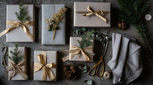 Beautifully wrapped gift boxes with natural decorations, featuring greenery and ribbons, arranged on a textured surface, creating a festive and elegant holiday atmosphere