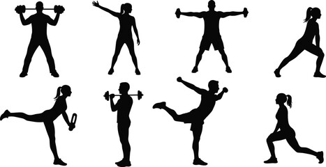 Silhouette athletes performing fitness exercises with dumbbells, workout training poses, strength bodyweight movement, healthy active lifestyle sports activity, gym exercise illustration