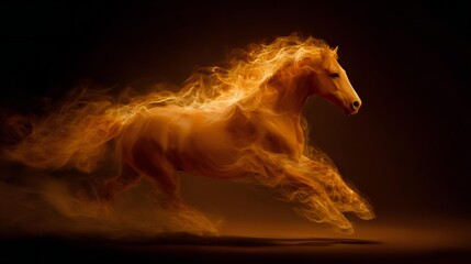 Fototapeta premium Majestic horse galloping through flames, with fiery mane and tail creating a dynamic motion effect, symbolizing strength and freedom in a dramatic artistic representation