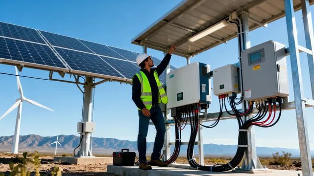 Medium shot featuring maintenance activity on a hybrid solarwind power setup emphasizing technical equipment and sustainable energy infrastructure in a remote location.