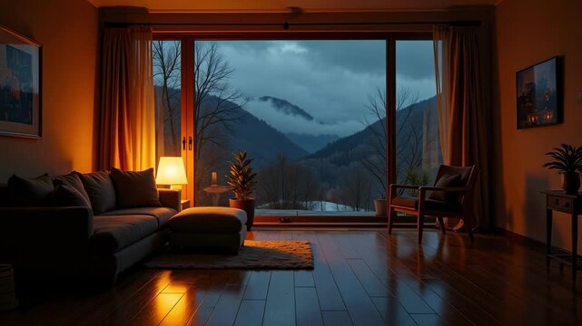 Cozy living room interior with a scenic mountain view through a large window at dusk creating a peaceful and relaxing atmosphere inside