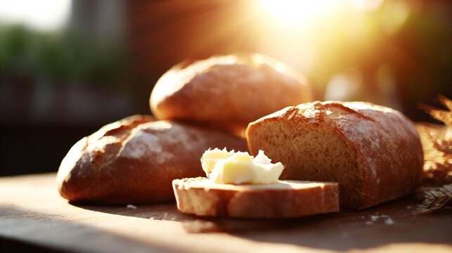 Freshly baked bread rolls with a slice of butter on a wooden board, illuminated by warm sunlight, creating a cozy and inviting atmosphere for culinary enjoyment