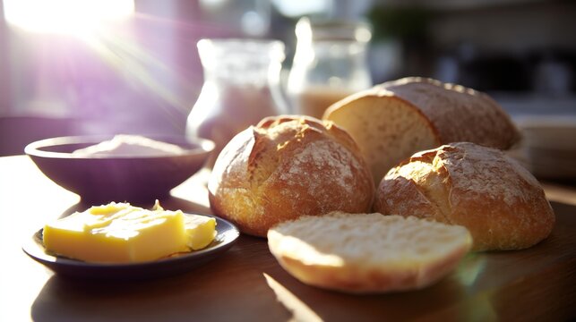 Freshly baked bread rolls with butter on a wooden table, surrounded by flour and milk, capturing the essence of homemade baking and culinary warmth - Powered by Adobe