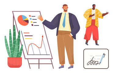 Professionals discuss data on a flip chart with analytics and graphs. Includes signing, communication. Ideal for business, teamwork, analytics, meetings, strategy, collaboration simple flat metaphor