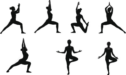 Silhouette yoga women practicing balance and flexibility poses, healthy fitness exercise meditation, elegant stretching movement, peaceful wellness training isolated on white