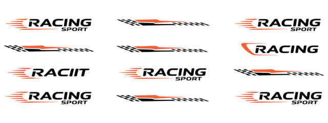 Set of 12 Racing Sport Logos with Speed Lines and Checkered Flags