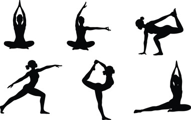 Silhouette yoga women practicing elegant balance poses, flexible stretching meditation workout, healthy fitness lifestyle, artistic body movement exercise isolated on white