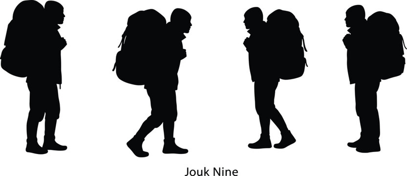 Silhouette traveler backpacker walking standing poses, hiking adventure exploration journey, outdoor trekking camping lifestyle, wanderlust tourism concept,