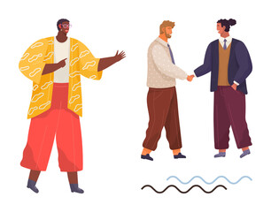 Naklejka premium Three individuals interacting two colleagues shaking hands while another speaks. Ideal for collaboration, teamwork, communication, networking, partnership, business relations, simple flat metaphor